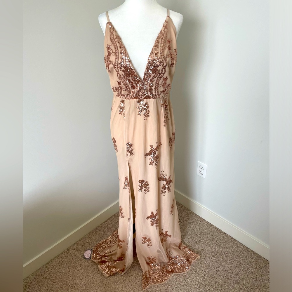 Nude / Rose Gold High Cut Slit Sequin Maxi Dress Gown - No Size Tag